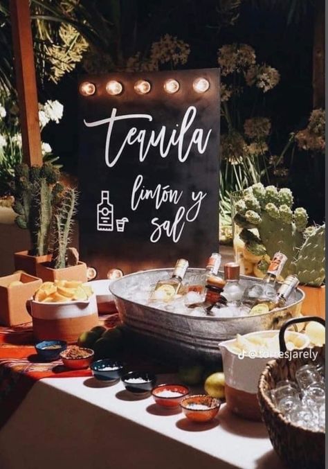 Tequila Table Ideas, Tequila Bar Wedding, Tequila Station, Tequila Party Decoration, Bridal Fiesta, 40th Birthday Party Men, Sangria Party, Taco Bar Wedding, Mexican Bar