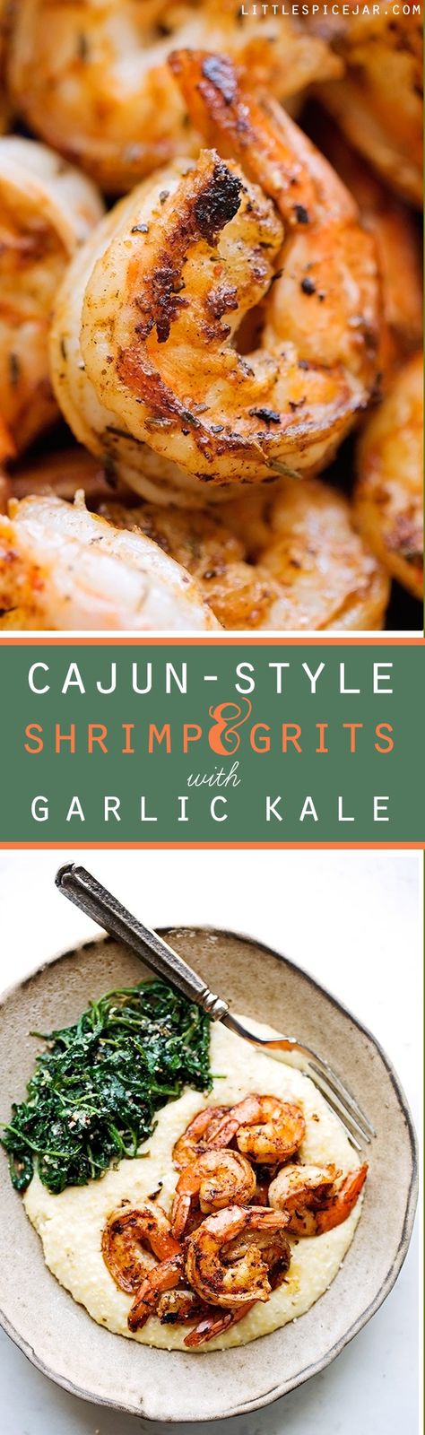 Cajun Shrimp and Grits - warm comfort food that's been lightened up! Perfect for Sunday brunching. #brunch #shrimpandgrits #cajunshrimp | Littlespicejar.com Fish Shrimp And Grits, Lemon Garlic Shrimp And Grits, Gourmet Shrimp And Grits, Shrimp And Grits With Cajun Cream Sauce, Fish & Grits Recipe, Cajun Shrimp And Grits, Garlic Kale, Cajun Shrimp, Kale Recipes