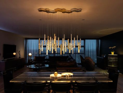 Rain Chandelier and Ora by ILANEL Design Studio seen at Private Residence, Doncaster | Wescover Handmade Chandelier, Interactive Walls, Steel Canopy, Bespoke Lighting, Single Pendant Lighting, Contemporary Chandelier, Heavy Rain, Room Lighting, Light Of Life