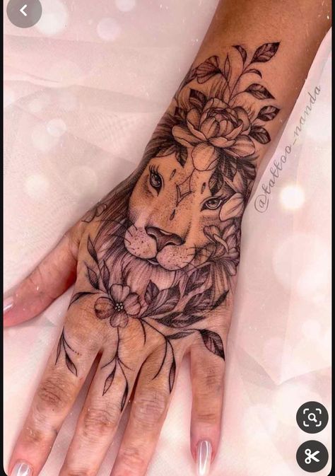 Lion Hand Tattoo For Women, Lion Hand Tattoo, Medium Size Tattoos, Hand Tattoo Designs, Floral Tattoo Sleeve, Hand Tattoos For Women, Small Hand Tattoos, Hand Tattoo, Lion Tattoo