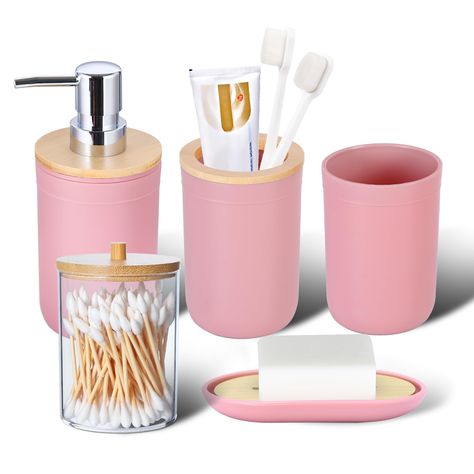 PRICES MAY VARY. Abs 1.5Piece Bathroom Accessories Set Includes:1 Soap Dispenser, 1 Toothbrush Holder, 1 Toothbrush Cup, 1 Soap Dish,1 Q-tips. 2.Material: PP + ABS,this bathroom accessory set is made of food-grade materials which is able to last for a long time, easy to clean and maintain. 3.Elegant Design : take your bathroom decor to stylish new heights with this bathroom accessories set, very stunning and a great touch of extra elegance to the bathrooms, perfect for giving as a gift for house Pink Bathroom Accessories, Bathroom Dispensers, Bathroom Pink, Pink Combination, Diy Hello Kitty, Bathroom Accessories Set, Bathroom Decor Sets, Bathroom Accessory Sets, Lotion Bottle