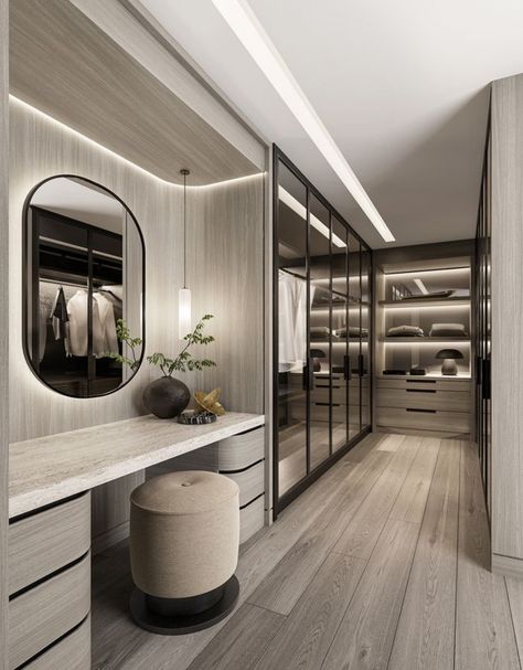 Modern Contemporary Walk In Closet, Modular Walk In Closet, Modern Contemporary Walk In Wardrobe, Modern Classic Walk In Closet, Bedroom With Dressing Area, Kelly Hoppen Bedroom, Modern Closet Designs, Small Master Closet, Kelly Hoppen Interiors