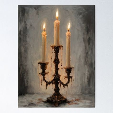 Get my art printed on awesome products. Support me at Redbubble #RBandME: https://www.redbubble.com/i/poster/Dripping-Candelabra-Candles-Dark-Moody-Halloween-Gothic-Witch-Art-by-Arwen-Art/162161091.LVTDI?asc=u Dark Moody Painting, Painting Ideas Autumn, Gothic Art Victorian, Candles Gothic, Moody Halloween, Moody Painting, Gothic Candles, Candle Tattoo, Candelabra Centerpiece