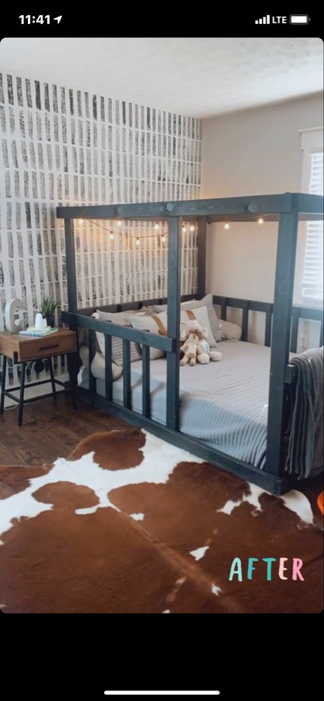 Western Floor Bed, Western Themed Nursery Farmhouse, Western Toddler Bed, Western Toy Box Ideas, Western Bedroom Storage Ideas, Cowgirl Room Ideas Rustic, Cow Print Bedroom Ideas Farmhouse, Black And White Western Nursery, Western Kids Bathroom