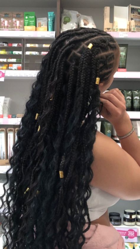 Angel Box Braids, Box Braids With Jewelry Gold, Angel Braids Black, Boho Braids Aesthetic, Charms In Braids, Angel Braids With Bangs, Braids Accessories Black Hair, Princess Braids Black Hair, Angel Braids Hairstyles