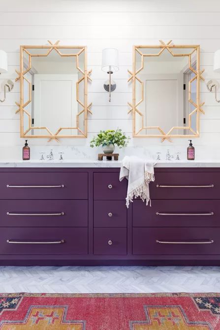 Bathroom Cabinet Ideas Eggplant Bathroom, Eggplant Paint Color, Parisian Bathroom, Recessed Storage, Purple Bathroom, Built In Vanity, Purple Bathrooms, Oak Bathroom, Pretty Bathrooms