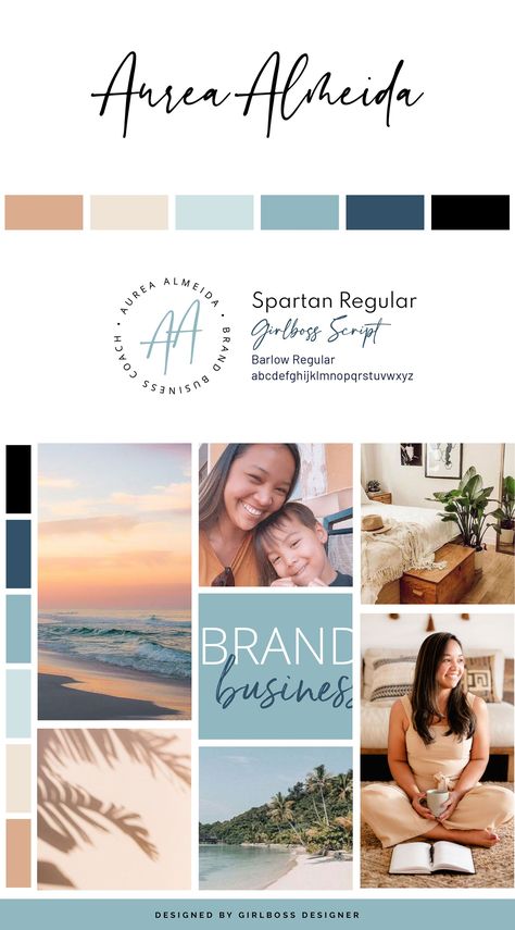 Boho Vibes pair with Coastal images to create the perfect branding for Brand & Business Coach, Aurea Almeida. Shades of blue & neutral tones, with boho design makes for a confident, relaxing moodboard. Inspired business branding with a coastal color palette and is showcased on her Showit website design! See all the Girlboss Designer Showit website templates! #coastalbranding #bohobranding #businesswebsitedesign #smallbusinessbusinessbranding #Showit #bluebranding #girlbossdesigner Website Design Inspiration Business Color Palettes, Beachy Branding Design, Coastal Website Design, Travel Blog Color Palette, Branding Kit Templates Free, Website Design Color Palettes, Website Color Palette Branding, Coastal Branding, Moodboard Website