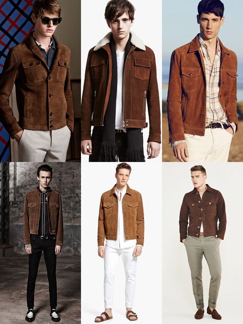 Men's Brown and Tan Suede Jackets Bohemian Outfit Inspiration Lookbook Trucker Jacket Outfit, Cool Jackets For Men, Suede Jacket Outfit, Mens Jackets Fall, Trucker Jacket Men, Suede Jacket Men, Leather Jacket Outfit Men, Leather Jacket Men Style, Smart Casual Menswear