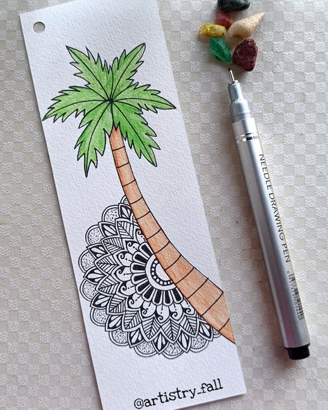 Bookmark with coconut tree Coconut Tree Drawing, Books Marks, Tree Bookmark, Sky Captions, Mandala Bookmark, Micron Pen Art, Aesthetic Bookmark, Art Bookmarks, God Painting