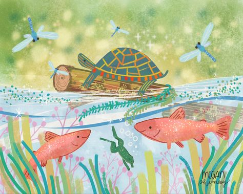 River Drawing, Care Bears Vintage, Ocean Illustration, Window Mural, Reptile Room, Frog Illustration, Picture Books Illustration, Fish Illustration, Fun Illustration