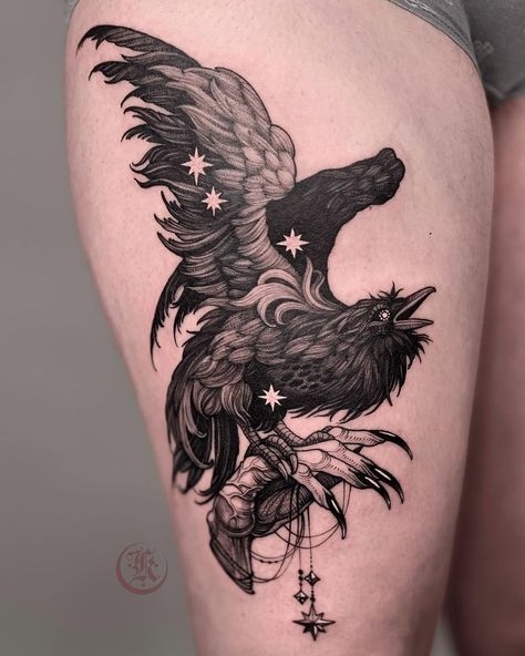 Watercolor Tattoo Ideas, Crow Tattoo Design, Gothic Tattoos, Cyberpunk Tattoo, Black Bird Tattoo, Hip Thigh Tattoos, Light Tattoo, Crow Tattoo, Flash Tattoo Designs