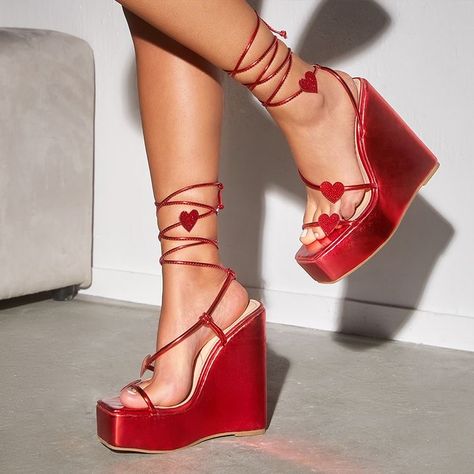 Dark Red Platform Heels, Red Leather Heels, Cute Platform Heels, Outfits With Platform Heels, Wedge Heels Outfit Dress, Prom Shoes Red, Red Mini Dress Outfit, Red Heart Outfit, Red Heart Shoes