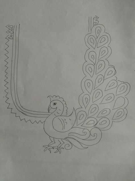 Peacock Trace Design, Aari Work Neck Design Drawing, Aariwork Tracing Patterns, Peacock Drawing For Aari Work, Peacock Tracing Design For Blouse, Embroidery Neck Designs Drawing, Aari Work Peacock Designs Tracing, Aari Work Tracing Patterns Neck, Sari Embroidery Design