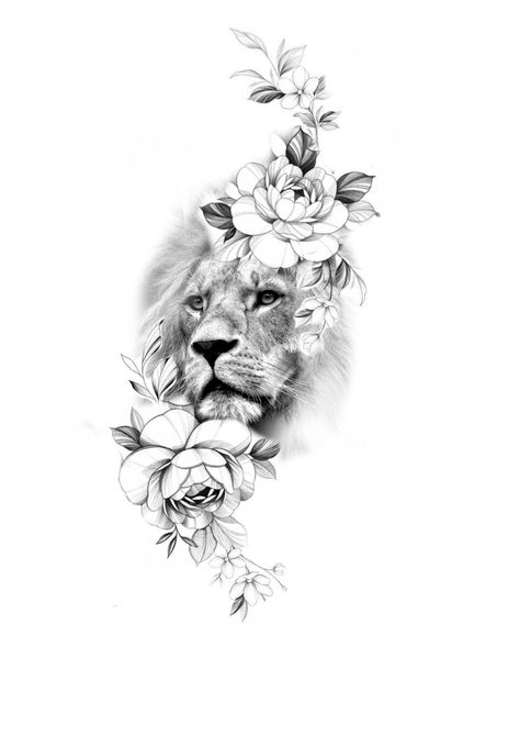 Floral Lion Tattoo Design, Lion Mountain Tattoo, Lion Tattoo Flowers, Flower Lion Tattoo, Lion With Flowers Tattoo For Women, Coverup Tattoo Ideas For Women Cover Up Half Sleeves, Lion And Flowers Tattoo Design, Lion Floral Tattoo, Lion Flowers Tattoo