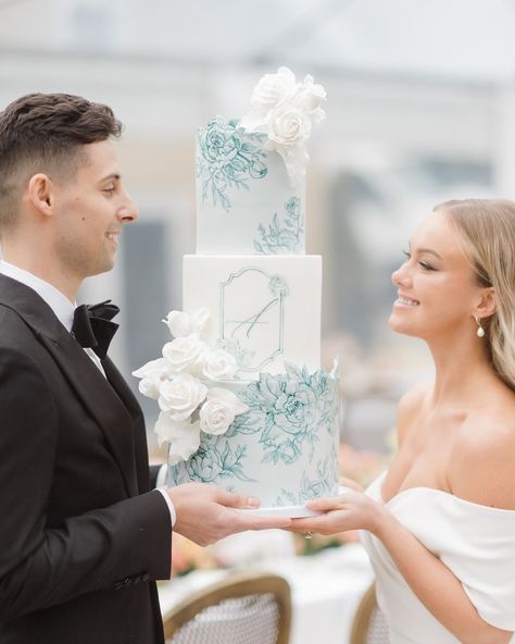 Photo by Kyle Fuller VonFeldt in Woodinville, Washington. May be an image of 2 people, wedding cake and wedding. Toile Wedding Cake, Toile Wedding, Woodinville Washington, Monogram Wedding Cake, Wedding Cake Design, Monogram Cake, Wedding Cakes Blue, Cake Flowers, Modern Wedding Cake