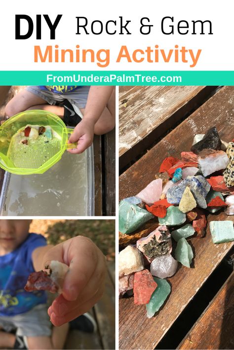 DIY Rock & Gem Mining Activity < From Under a Palm Tree Gemstone Mining Party, Gem Mining Diy, Diy Mining For Gems, Geology Themed Party, Gem Mining Birthday Party, Cave Activity, Gem Mining Party, Rock Activities For Kids, Mining Birthday Party