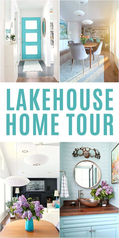 Lakehouse Home Tour with TONS of DIY Projects and Budget Friendly Ideas! Love the lake house aesthetic? Tour this mid-century meets coastal lakehouse interior and see the lakehouse exterior too! Get inspired by chic vintage lake house decor that is inspired by Lake Superior without be themey or nautical - coastal not nautical lake house design with bright colors, lots of textures, and natural elements inspired by the lake. Canadian lake house tour on Lake Superior - inside and out! Maine Lake House Decor, Home Decor Lake House Interior Ideas, Lake House Mantel Decorating Ideas, Art For Lake House, Modern Farmhouse Lake House Decor, Colorful Lake House Decor, Lake Cottage Wallpaper, Nautical Lake House Decor, Lake House Curtain Ideas