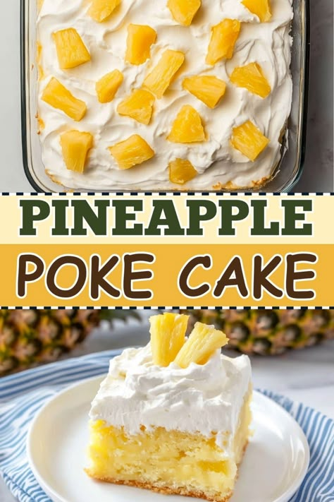 Light, moist, and loaded with flavor, this pineapple poke cake combines fluffy cake with creamy vanilla pudding and tropical pineapple in every bite. Pineapple Poke Cake Easy, Thanksgiving Poke Cake, Pineapple Layer Cake Recipe, Pineapple Filling For Cake, Moist Pineapple Cake Recipe, Hawaiian Pineapple Cake, Pineapple Dream Cake, Pineapple Poke Cake, Easy Pineapple Cake