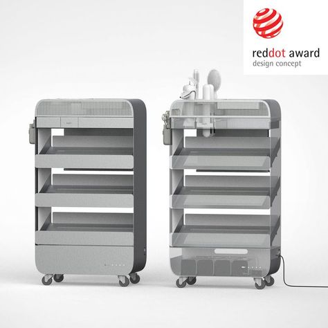 HAZY is a wireless trolley concept incorporates a battery into the trolley’s base, allowing all hairdressing products to be used wirelessly. . . . . #RedDotAward #DesignConcept #RedDotBestoftheBest #Wellness #Beauty #designedby #KimKwanghyun #LeeSein Trolley Design, Medical Cart, Hair Appliances, Massage Equipment, Skin Care Devices, Hair Stylists, Electrical Wiring, Red Dots, Hair Designs