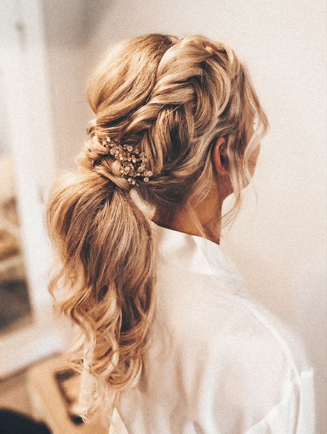 Bridal Updo Ponytail, Fishtail Updo Wedding, Pony Updo Wedding, Ponytail Updo Wedding, Boho Ponytail, Plaited Ponytail, Boho Bridesmaid Hair, Wedding Ponytail Hairstyles, Updo Ponytail