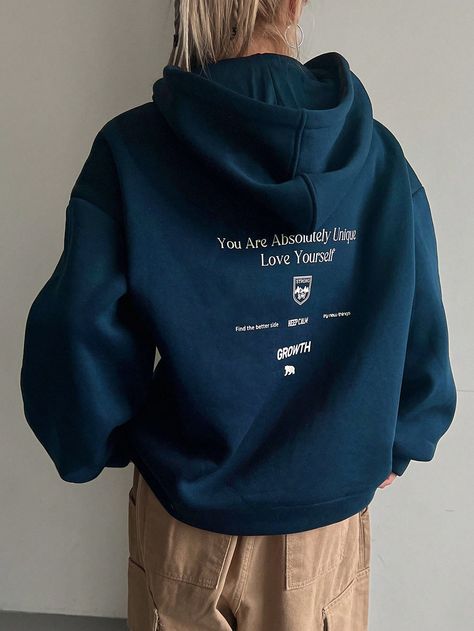 Blue Casual Collar Long Sleeve Knitted Fabric Slogan Pullovers Embellished Slight Stretch  Women Clothing Hoodie Design Ideas, Casual Outfit Inspiration, Letter Print Hoodie, Women Sweatshirts, Lined Hoodie, Vintage Hoodies, Causual Outfits, Coffee Brown, Drawstring Hoodie