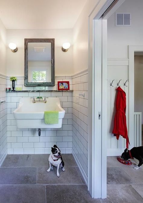 Dog friendly mudroom Benjamin Moore China White, Traditional Powder Room, Transitional Laundry Room, Georgiana Design, Limestone Floor Tiles, Wall Mounted Medicine Cabinet, Townhouse Interior, Golden Valley, Limestone Flooring