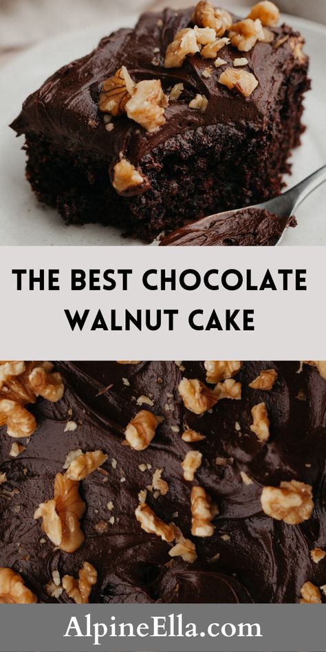 Simple and delicious moist chocolate walnut cake covered in a creamy chocolate sour cream frosting and sprinkled with chopped walnuts. Walnut Cake Recipe Easy, Chocolate Walnut Cake Recipe, Chocolate Sour Cream Frosting, Black Walnut Cake, Chocolate Walnut Cake, Walnut Cake Recipe, Sour Cream Frosting, Celebration Desserts, Chocolate Fudge Cake