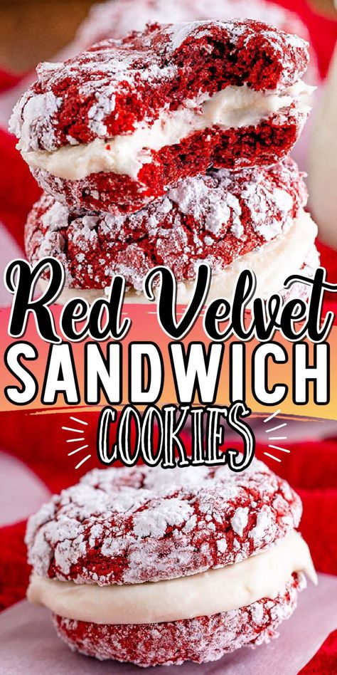 Red Velvet Sandwich Cookies, Cool Whip Cookies, Cake Box Cookies, Cookie Sandwich Recipes, Velvet Cookies, Red Velvet Cake Mix, Cake Mix Cookie Recipes, Tasty Dessert, Red Velvet Cookies