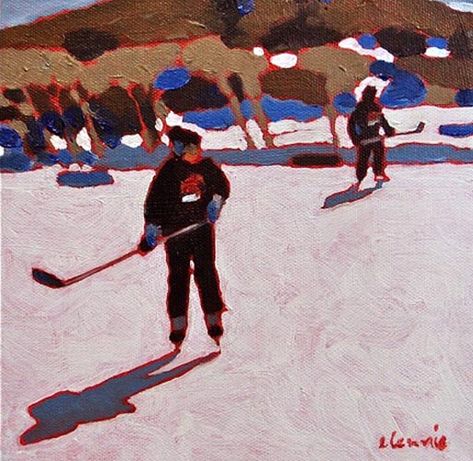 Elizabeth Lennie, Pond Hockey, Outdoor Rink, Hockey Christmas, Skiing Aesthetic, Composition Painting, Sports Painting, Snow Scenes, Sports Art