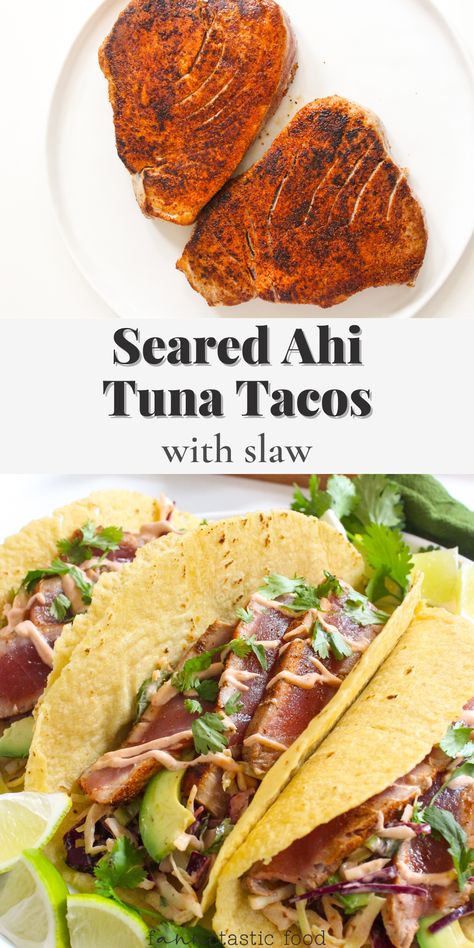 Tuna Steak Tacos Recipes, Ahi Tuna Tacos With Slaw, Ahi Tuna Tacos Recipe, Blackened Tuna Tacos, Tuna Fish Tacos, Tuna Jalapeno, Chipotle Crema Sauce, Tuna Tacos Recipe, Fish Taco Toppings