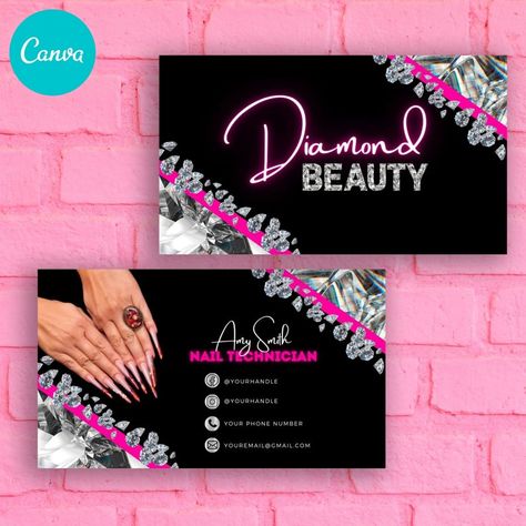 Nail Tech Business, Tech Business Card, Nail Tech Business Cards, Nail Salon Business Cards, Business Card Diy, Jewelry Business Card, Business Nails, Canva Business, Pink Business Card