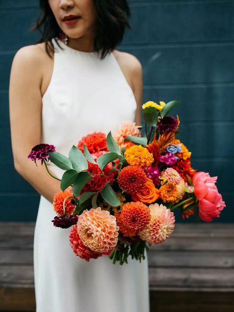 Dahlia Bridal Bouquet, Dahlia Wedding Bouquets, Blue Taper Candles, Burgundy Dahlia, Dahlias Wedding, Bouquet Photography, Dahlia Bouquet, Purple Dahlia, Orange Wedding