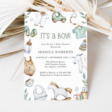 Green Clothes And Toys Baby Boy Shower Invitation #zazzle #weddinginvitations #birthdayinvitations #babyshowerinvitations #zazzleinvitations #monogram #businesscards #graduation #homedecor Green Clothes, Baby Shower Announcement, Boy Shower Invitations, Baby Shower Invites, Boy Baby Shower, Baby Shower Invitations For Boys, Green Baby, Baby Sprinkle, Free Birthday Invitations