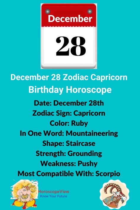 December 28 zodiac sign birthday horoscope and astrology predictions provide you a complete report about 28th Dec born natives. Our December 28th zodiac report has zodiac match, marriage match, love, job, career, family, children, education, positive and negative traits, personality, and characteristics of the people who were born on this date. 28 December Birthday, Zodiac Signs Tumblr, December Zodiac Sign, Cusp Signs, December Zodiac, Capricorn Personality, Zodiac Signs Elements, Birthday Personality, Zodiac Compatibility Chart