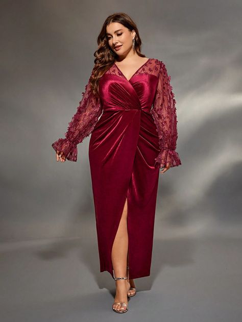 Red  Collar Long Sleeve Knitted Fabric Plain Fitted Embellished Slight Stretch  Weddings & Events Velvet Plus Size Dress, Velvet Plus Size, Prom Evening Dresses, Twist Knot, Red Collar, Evening Dresses Prom, Plus Size Dress, Velvet Dress, Long Sleeve Knit