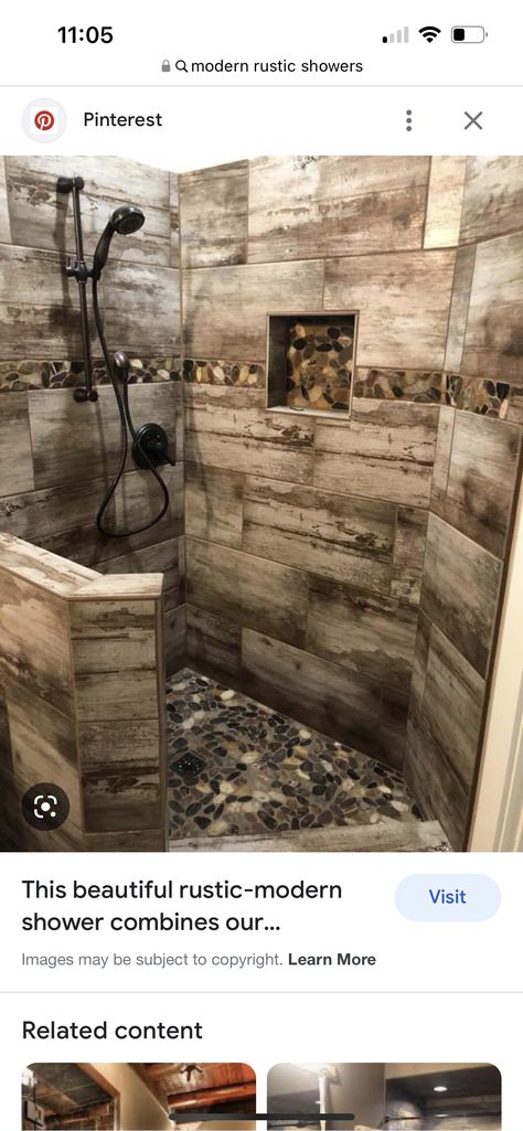 Barn Bathroom Ideas, Porcelain Wood Tile Floor, Rustic Renovations, Wood Tile Bathroom Floor, Rustic Bathroom Shower, Shower Renovation, Master Bath Shower, Rustic Tile, Modern Rustic Farmhouse