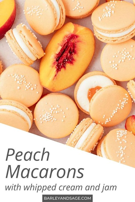 Peach Macaron Recipe, Peach Macaron, Peaches And Cream Recipe, Cream Macarons, Summer Corn Chowder, Macaron Filling, Stabilized Whipped Cream, French Macaron, Peach Jam