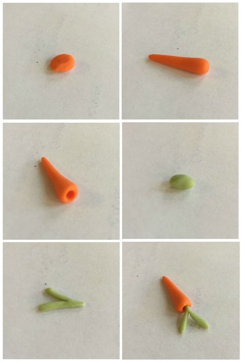 Plastisin Craft, Fondant Carrots How To Make, Fondant Corn Tutorial, Fondant Vegetables Tutorial, Vegetable Clay Art, Carrot Fondant Topper, Fondant Carrots, Clay Carrot, Peter Rabbit Cake