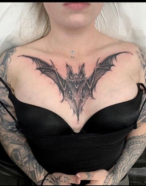 Bat Tattoo Chest Woman, Bat Chest Piece Tattoo Female, Gothic Chest Tattoos For Women, Bat Tattoo Collar Bone, Bat Collarbone Tattoo, Gothic Collarbone Tattoo, Goth Collarbone Tattoo, Bat Throat Tattoo, Spider Chest Tattoo Female