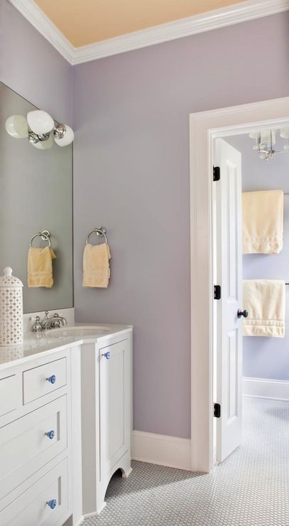 Lilac Bathroom, Bathroom Cabinet Colors, Peach Bathroom, Purple Bathroom Decor, Romantic Bathrooms, Main Bathroom Ideas, Cheap Bathroom Remodel, Bath Redo, Purple Bathrooms