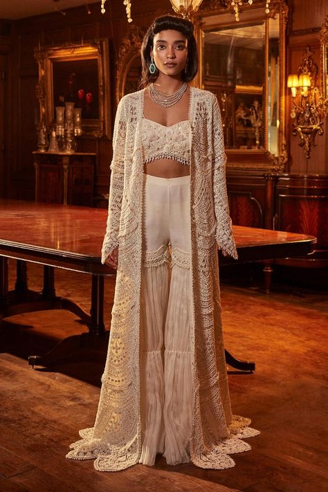 Buy Ridhima Bhasin Ivory Shereen Organza Embroidered Jacket Sharara Set Online | Aza Fashions Jacket Sharara, Ridhima Bhasin, Organza Jacket, Embroidered Sharara, Indo Western Dress, Indian Dresses Traditional, Simple Pakistani Dresses, Embellished Blouse, Sharara Set