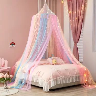 Craft Ideas For Bedroom, Canopy With Lights, Rainbow Canopy, Bed Canopy With Lights, Shared Kids Bedroom, Whimsical Bedding, Pink Princess Room, Rainbow Bed, Bedroom Rainbow