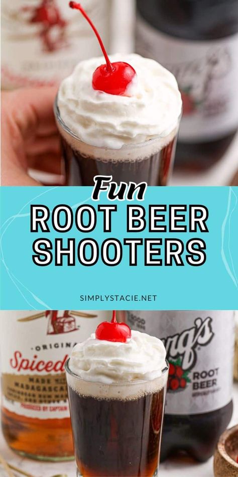 Root Beer Shooters, blending spiced rum with classic root beer, are the perfect party drink that's as fun as it is easy to make. These quick crowd-pleasers offer a delightful twist to your gathering, sure to keep everyone in high spirits. Root Beer Shots, Shooters Alcohol Recipes, Root Beer Recipe, Beer Shot, Shooter Recipes, Fun Party Drinks, Shots Alcohol, Holiday Drink, High Spirits