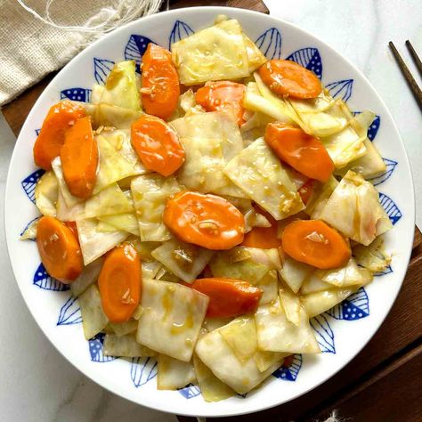 Chinese Carrots, Pepper Shrimp, Cabbage Stir Fry, Napa Cabbage, Savory Sauce, Toasted Sesame Seeds, Stir Fries, Cooked Vegetables, Rice Vinegar