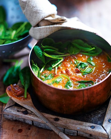 This dish is best made during September, when fresh borlotti beans are available. You can, of course, use other beans, such as cannellini or flageolet. Vegetable Ragout Recipe, Aligot Recipe, Ragout Recipe, Borlotti Beans, Spinach Soup Recipe, Tomato Spinach, Spinach Soup, Delicious Magazine, Winter Vegetables