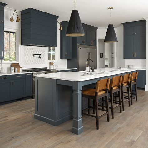 Benjamin Moore Lead Gray 2131-30 Benjamin Moore Lead Gray 2131-30 Benjamin Moore Lead Gray 2131-30 Benjamin Moore Lead Gray 2131-30 #BenjaminMooreLeadGray #BenjaminMooreLeadGray213130 Blue Shiplap, Blue Kitchen Designs, Black Backsplash, Rustic Modern Farmhouse, Grey Countertops, Blue Kitchen, Kitchen Features, Décor Boho, Transitional Kitchen