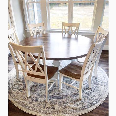 Circle farmhouse table with pedestal Hillbuildit Creations Farmhouse Table Diy, Table Circle, Circle Dining Table, Refinished Table, Dining Table Makeover, Kitchen Table Makeover, 6 Seater Dining Table, Refinishing Furniture Diy, Circle Table