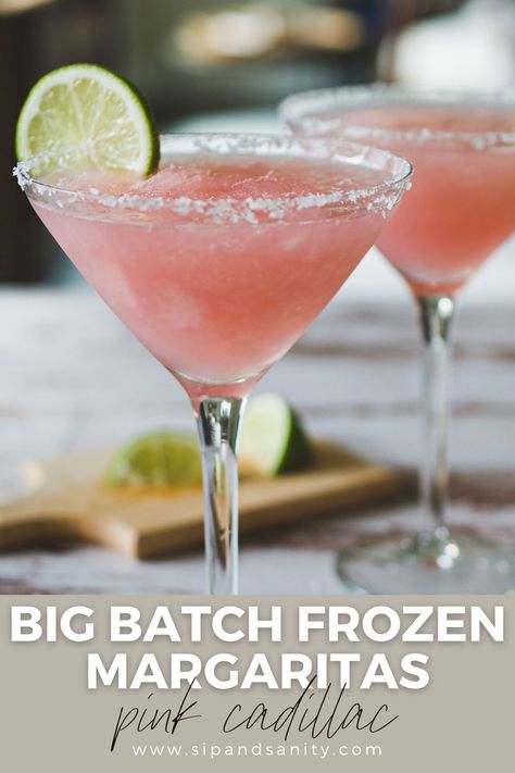 Frozen Pink Cadillac Margaritas are the best way to beat the heat and cool down your crowd! Big batch, make-ahead and ridiculously easy! No blender required, but give yourself plenty of time. This is best made at least a day ahead, and that frees you up to do other party prep. Frozen Margaritas For A Crowd, Make Ahead Margaritas, Tequila Punch Recipes For A Crowd, Freezer Margaritas, Margarita Machine Recipes, Speakeasy Ideas, Cadillac Margarita, Mexican Comfort Food, Slush Recipes