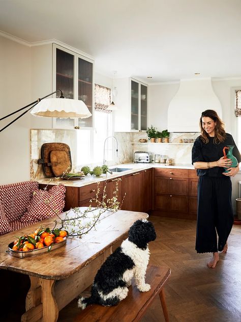 Inside Swedish Textile Designer Cathy Nordström's Stockholm Home Dining Space In Kitchen, Kitchen Table In Living Room, Dining Table Next To Kitchen, Small Kitchen With Table, Dining Room In Kitchen, Cathy Nordstrom, Small Cottage Homes Interior, Colorful Scandinavian Interior, Classy Home Interior