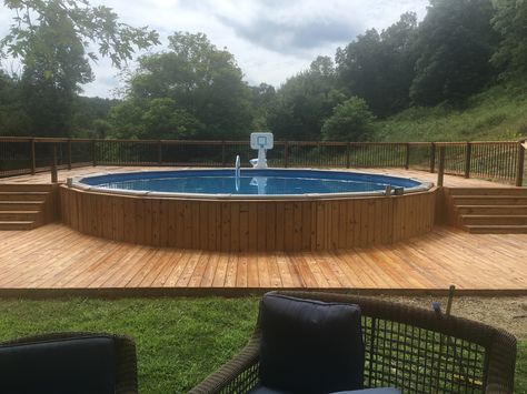 Large Pool Deck, Deck To Pool Transition, Round Pool Deck Ideas, Above Ground Pool Deck Ideas, Decks Around Pools, Pool Makeover, Round Above Ground Pool, Above Ground Pool Deck, Pool Deck Plans